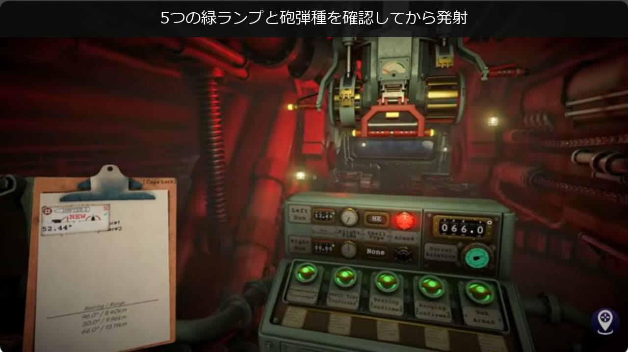 5つの緑ランプと砲弾種を確認する発射盤