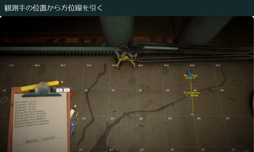 観測手の位置から方位線を引く